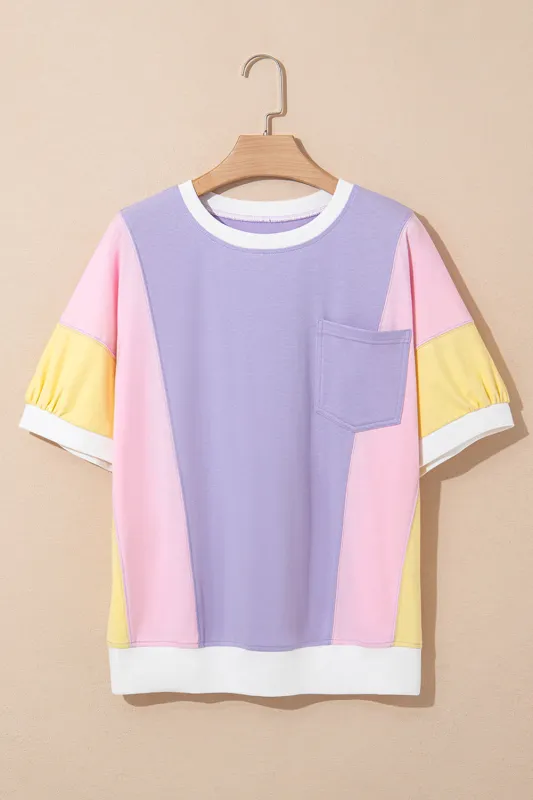 Purple Colour Block Patchwork Half Sleeve Oversized T Shirt sold by eAura
