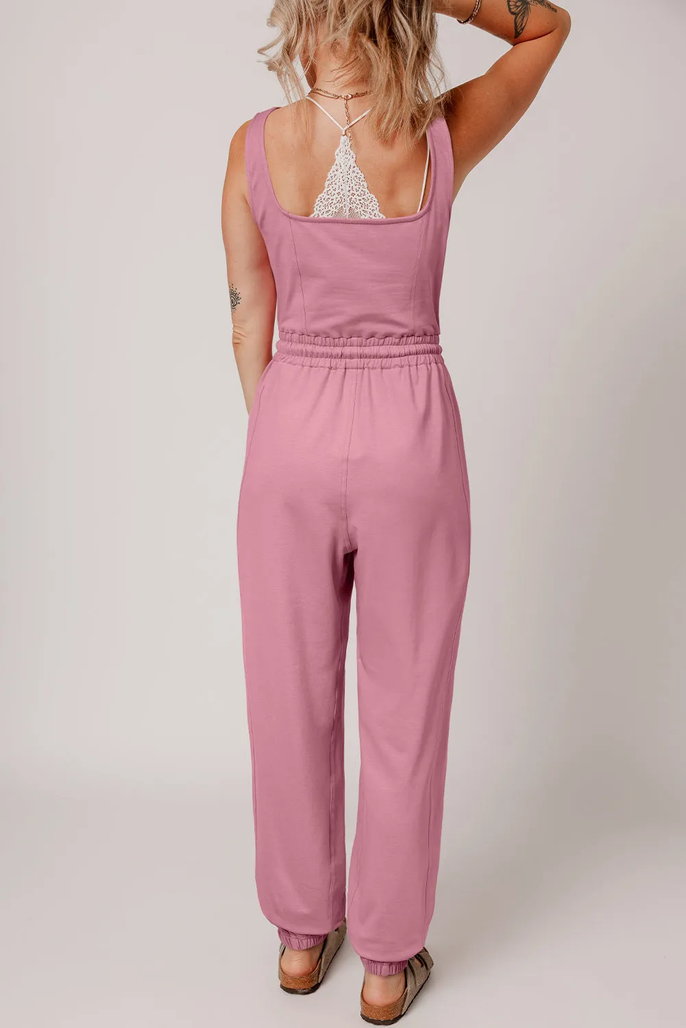 Light Pink Lace-up Elastic Waist Sleeveless Square Neck Jumpsuit sold by eAura product image thumbnail 2