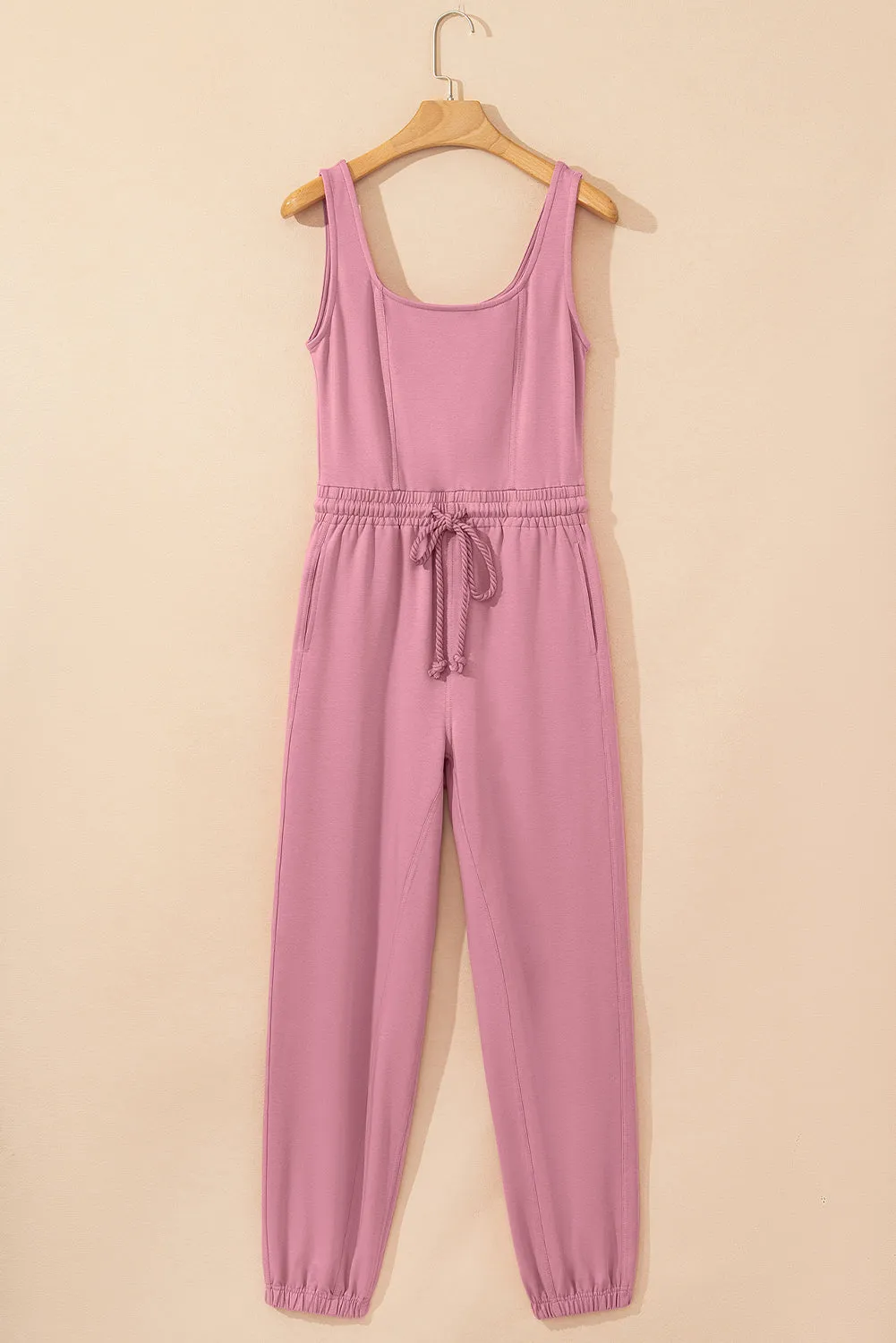 Light Pink Lace-up Elastic Waist Sleeveless Square Neck Jumpsuit sold by eAura product image thumbnail 3