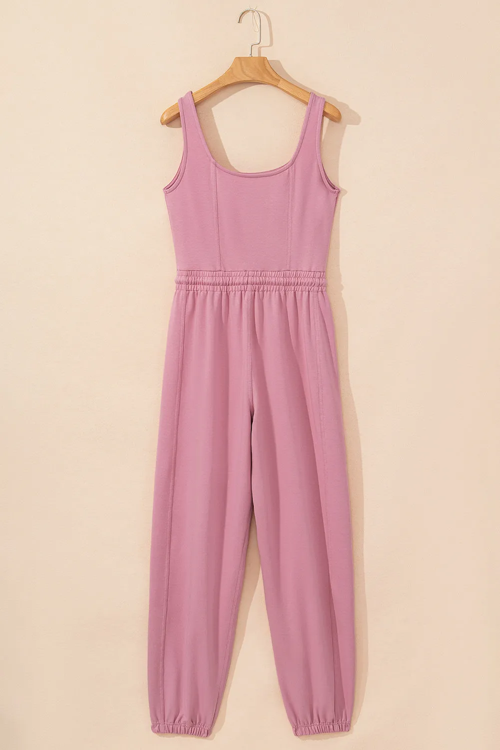 Light Pink Lace-up Elastic Waist Sleeveless Square Neck Jumpsuit sold by eAura product image thumbnail 4