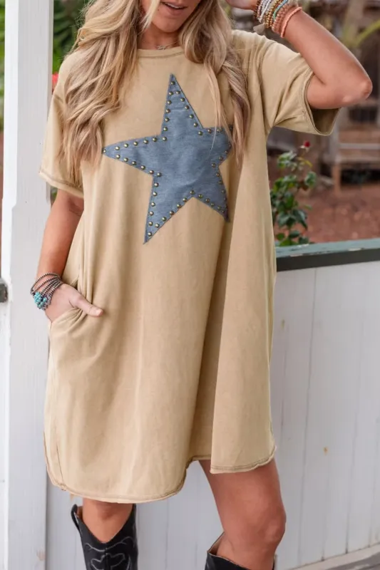 Pale Khaki Mineral Wash Stud Beaded Star Graphic Pocketed T Shirt Dress sold by eAura