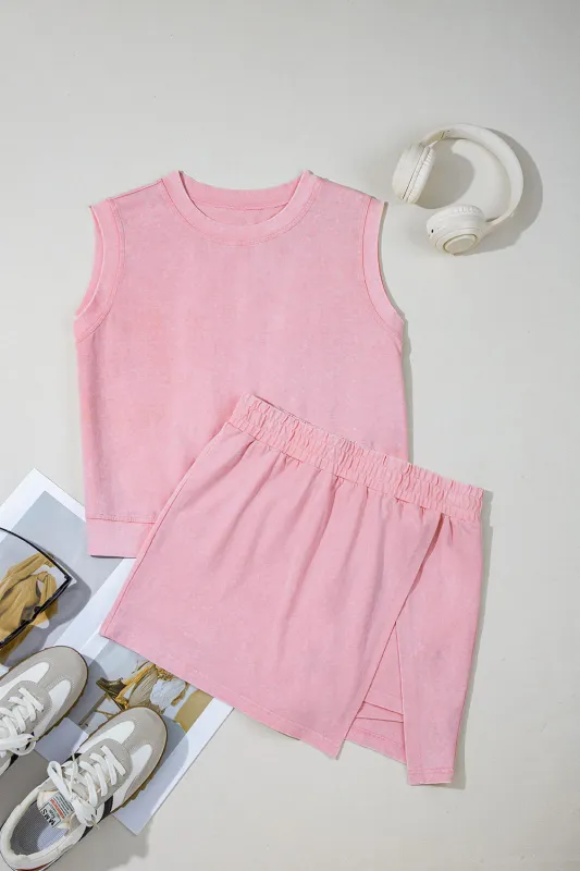 Light Pink 2 Pieces Mineral Wash Cotton Tank Top Lined Split Skirt Set sold by eAura