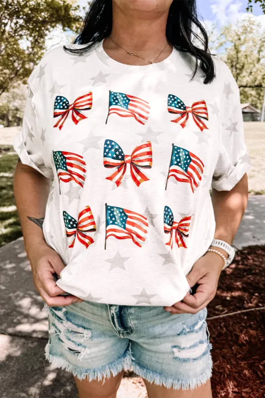 Khaki Patriotic Flag Bow Graphic Starry Round Neck T Shirt sold by eAura