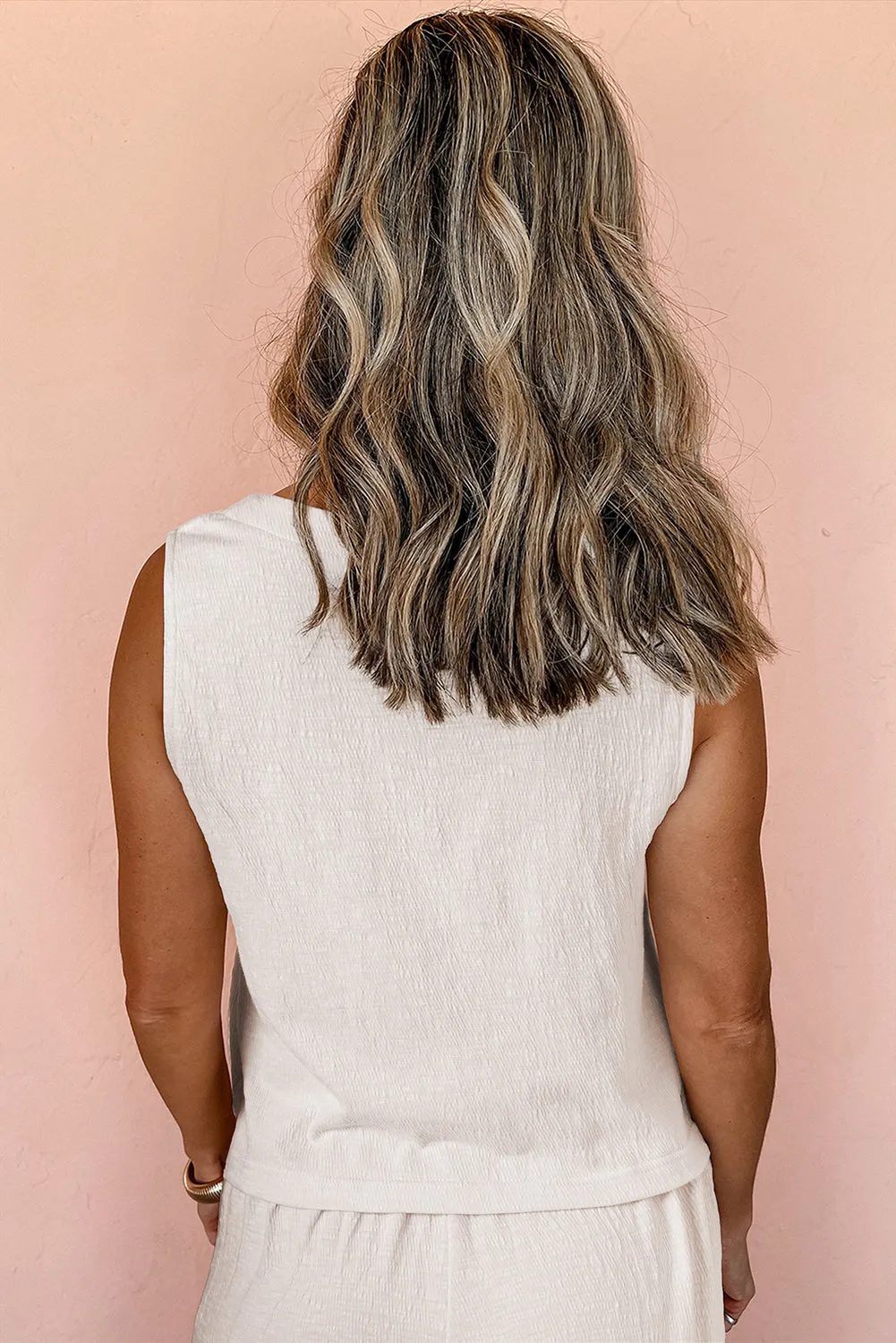 Beige Buttoned V Neck Tank Top and Wide Leg Trousers Casual Outfit sold by eAura product image thumbnail 2