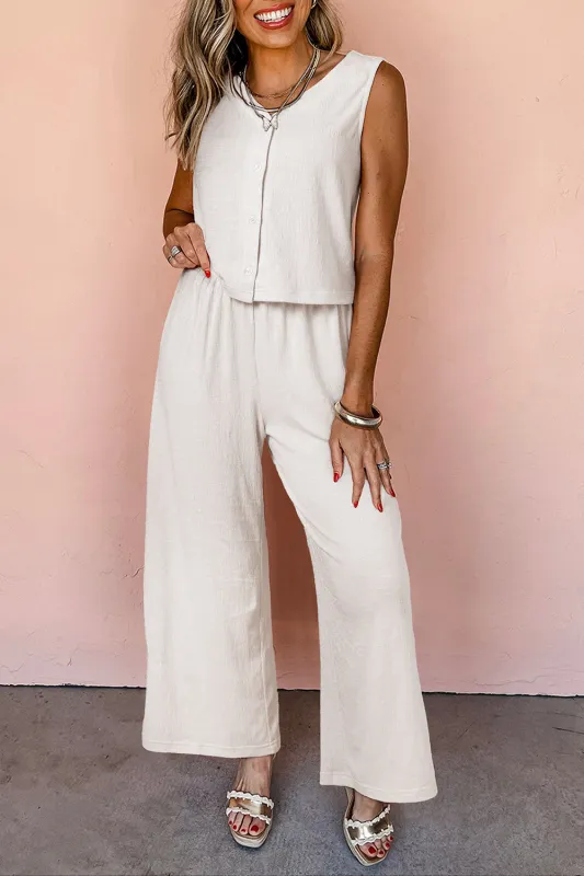 Apricot Buttoned V Neck Tank Top and Wide Leg Trousers Casual Outfit sold by eAura