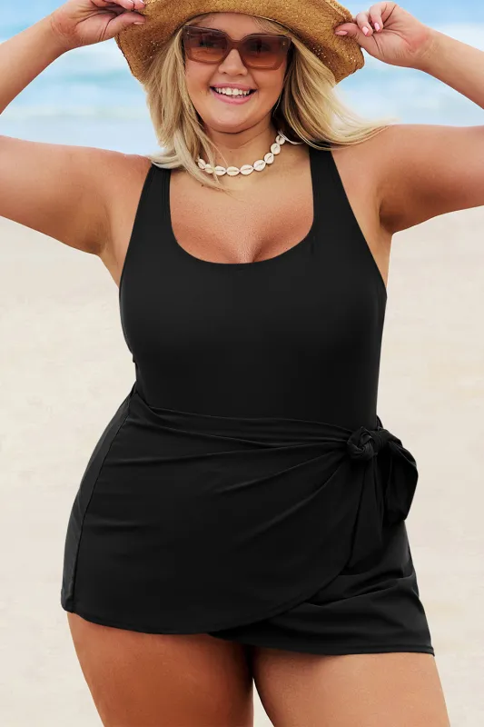 Black Square Neck Knot Plus Size One Piece Swimsuit sold by eAura