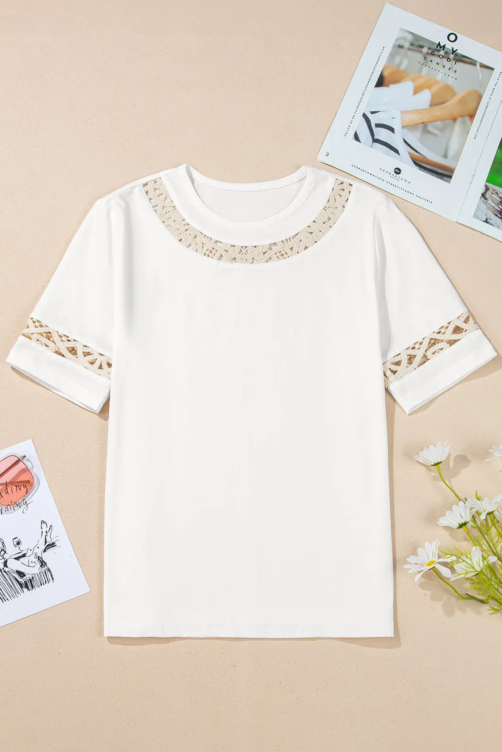 White Lace Crochet Crew Neck Casual T Shirt sold by eAura product image thumbnail 4