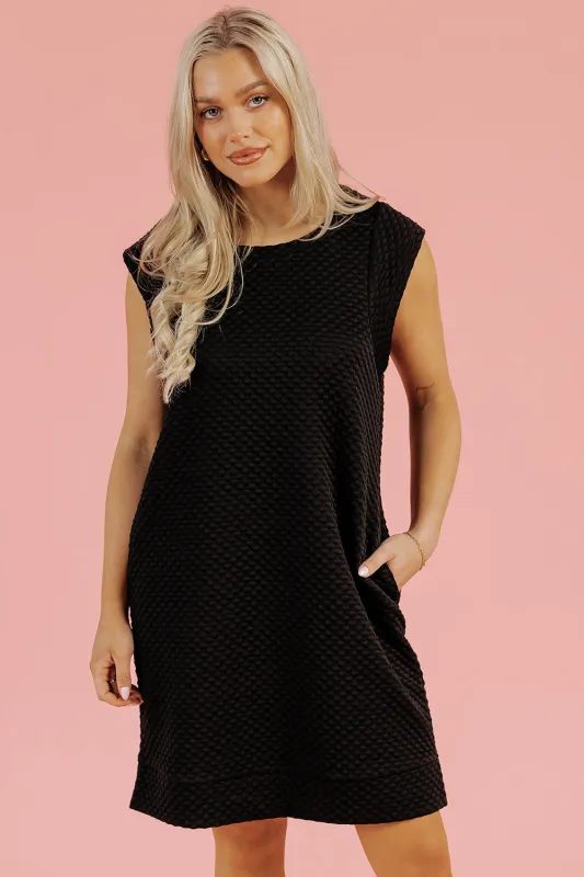 Black Textured Cap Sleeve T-shirt Shift Mini Dress sold by eAura