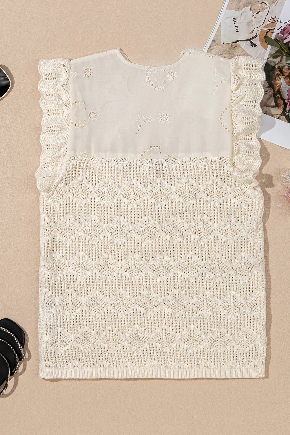 Beige Embroidered Patchwork Hollow Out Knitted Ruffle Top sold by eAura product image thumbnail 5