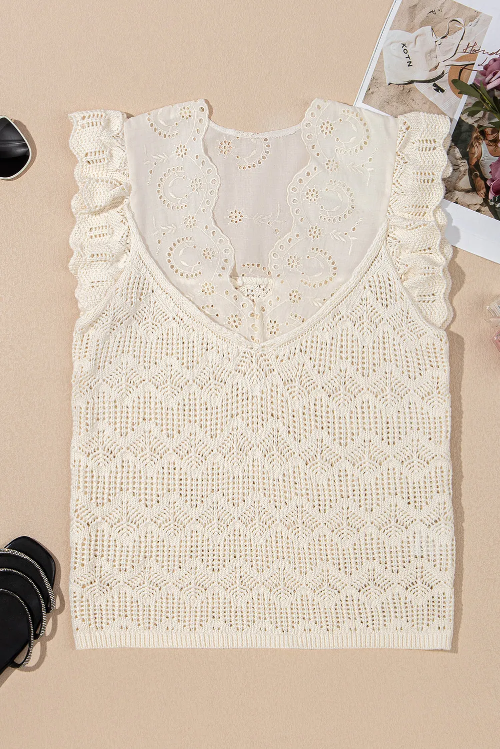 Beige Embroidered Patchwork Hollow Out Knitted Ruffle Top sold by eAura product image thumbnail 4