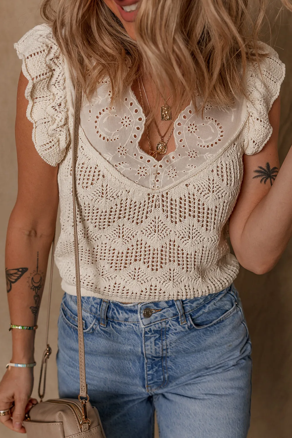 Beige Embroidered Patchwork Hollow Out Knitted Ruffle Top sold by eAura product image thumbnail 3