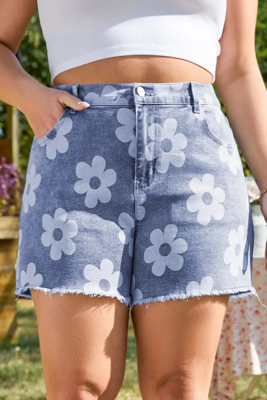 Ashleigh Blue Floral Pattern High Waist Raw Hem Plus Size Denim Shorts sold by eAura