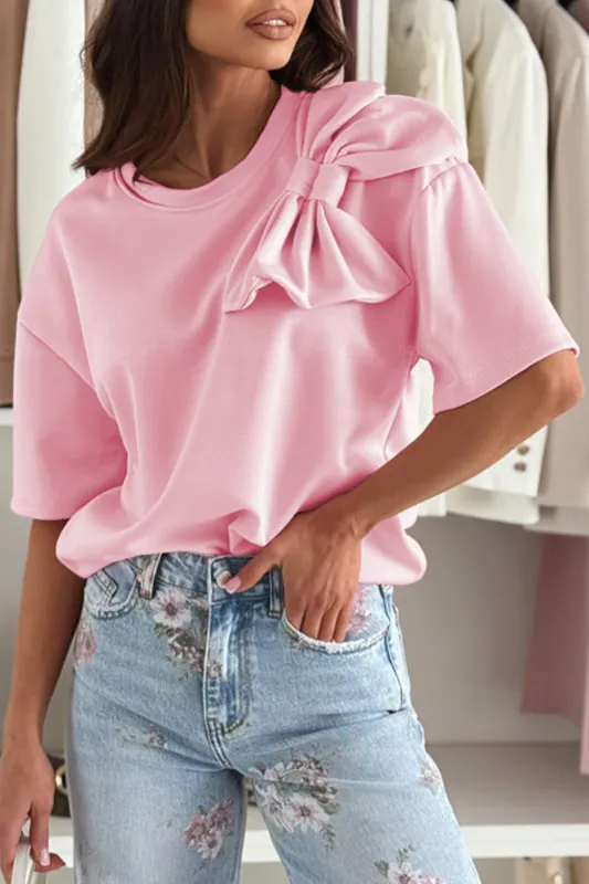 Pink Bow Applique Half Sleeve T-shirt sold by eAura