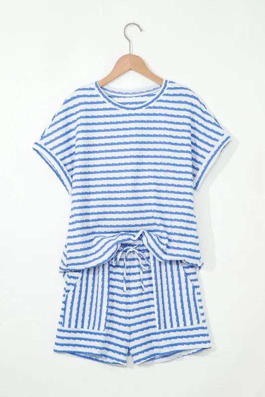 Black Stripe Knitted Short Sleeve Top and Drawstring Shorts Set sold by eAura