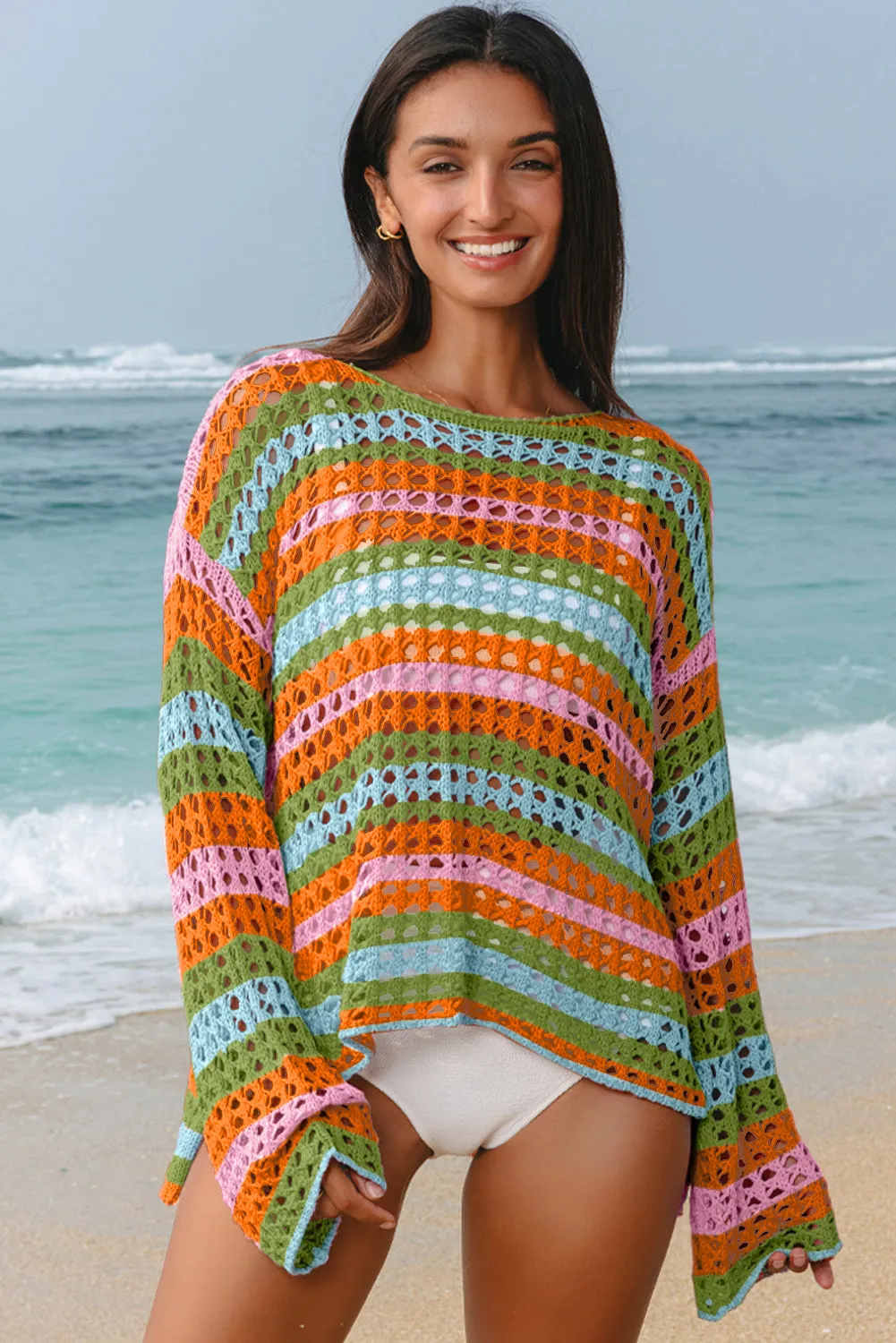 Carrot Multi Stripe Open Knit Sweater Beach Cover Up sold by eAura