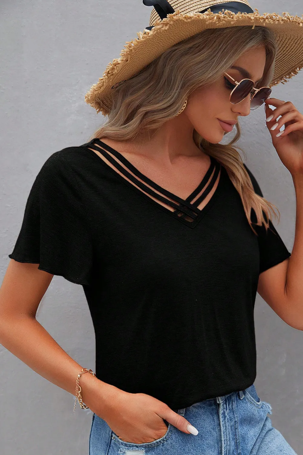 Black Crisscross V Neck Butterfly Sleeve T Shirt sold by eAura product image thumbnail 4