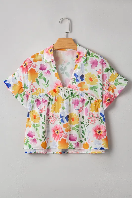 Yellow Floral Boxy Fit Ruffled Short Sleeve V Neck Blouse sold by eAura
