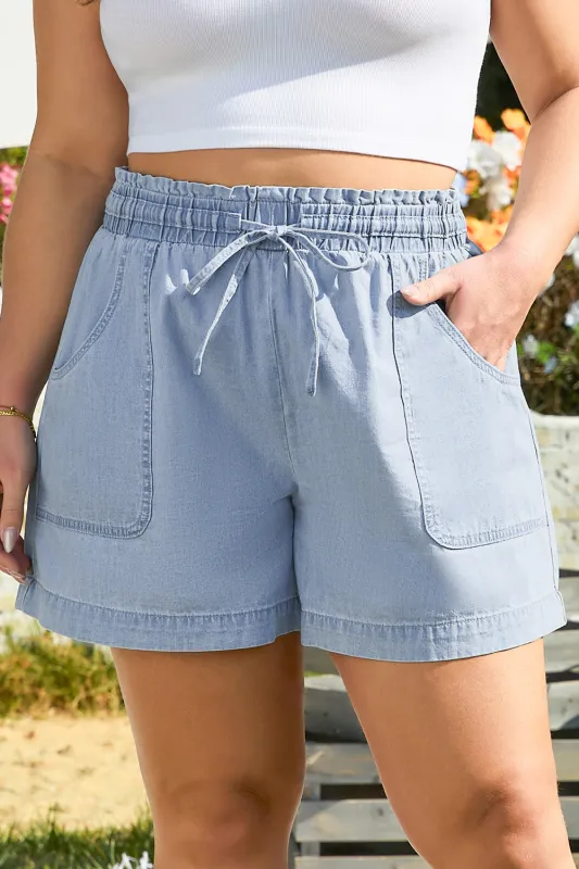 Beau Blue Pocketed Drawstring High Waist Plus Size Denim Shorts sold by eAura