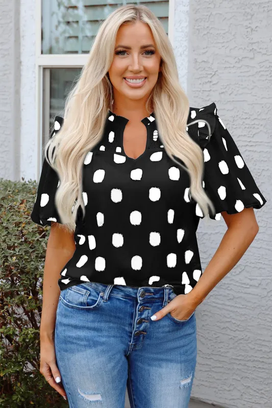Black Polka Dot Print Shirred Yoke Notched Neck Balloon Sleeve Blouse sold by eAura