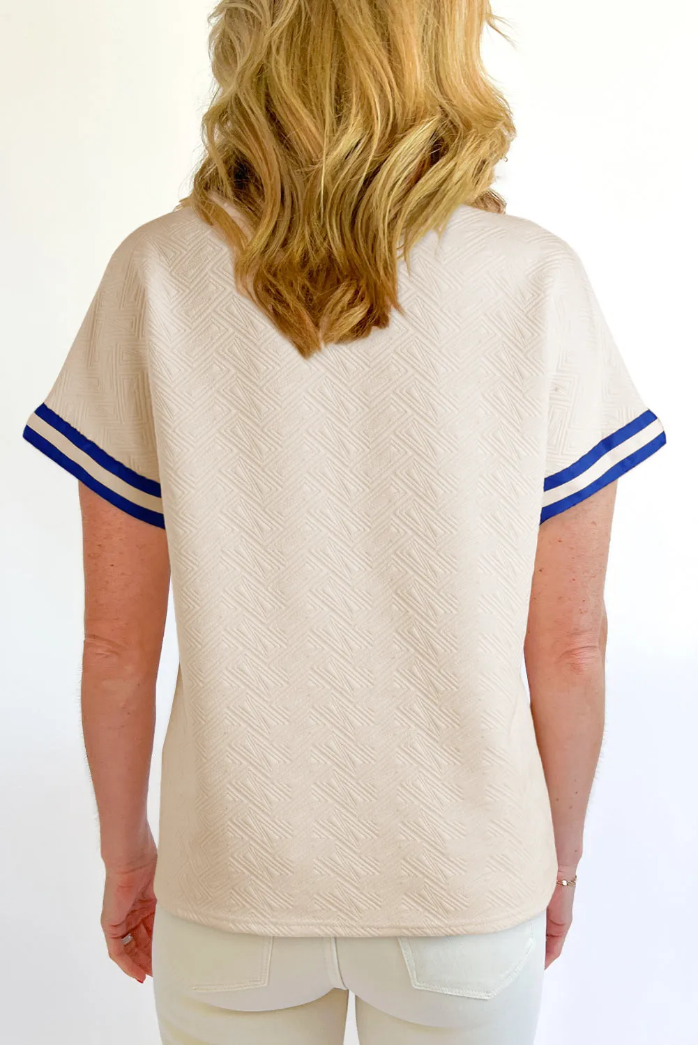 Beige Preppy Striped Trim Textured Quarter Zipper Colourblock Short Sleeve Top sold by eAura product image thumbnail 2