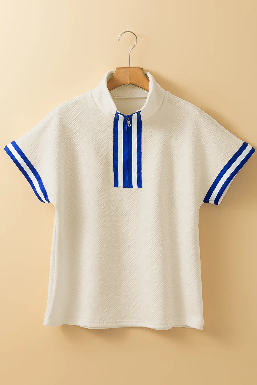 Beige Preppy Striped Trim Textured Quarter Zipper Colourblock Short Sleeve Top sold by eAura product image thumbnail 3