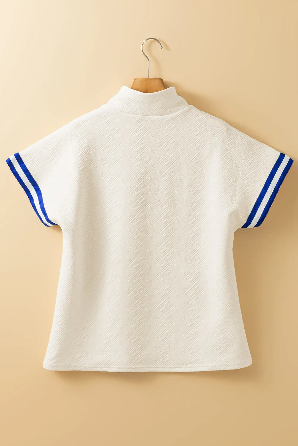 Beige Preppy Striped Trim Textured Quarter Zipper Colourblock Short Sleeve Top sold by eAura product image thumbnail 4