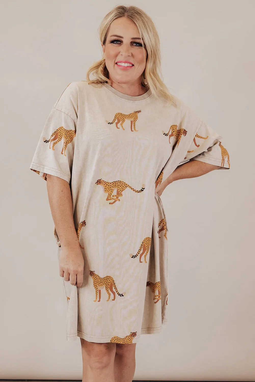 Plus Size Cheetah Print Side Pockets T-Shirt Mini Dress sold by eAura product image thumbnail 5