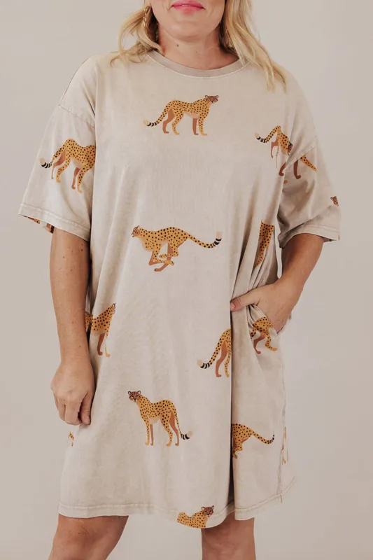 Apricot Plus Size Cheetah Print Side Pockets T Shirt Mini Dress sold by eAura