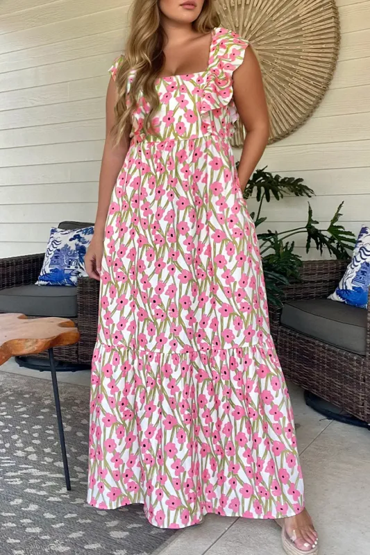Pink Plus Size Ruffle Trim Square Neck High Waist Floral Maxi Dress sold by eAura