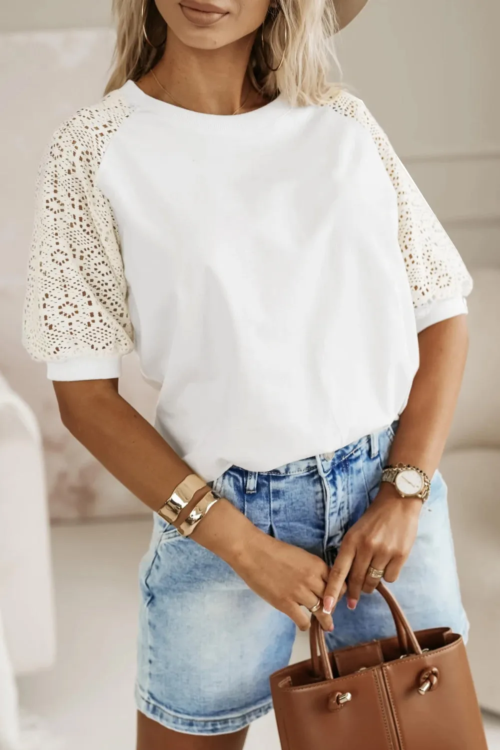 White Lace Crochet Short Sleeve Round Neck T Shirt sold by eAura product image thumbnail 5