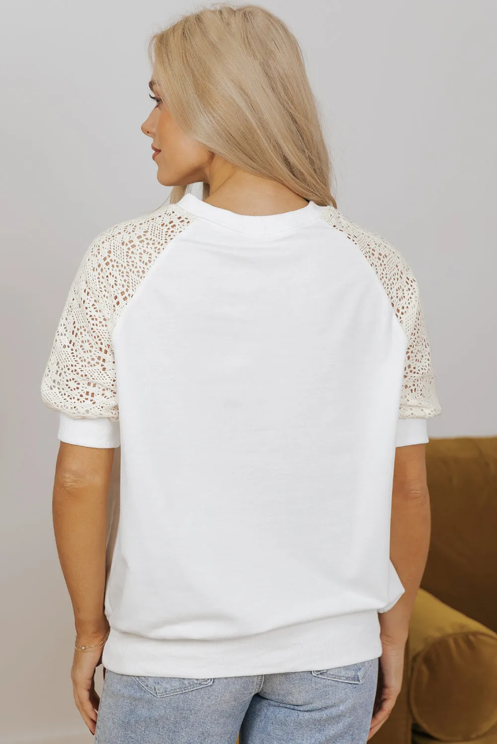 White Lace Crochet Short Sleeve Round Neck T Shirt sold by eAura product image thumbnail 2