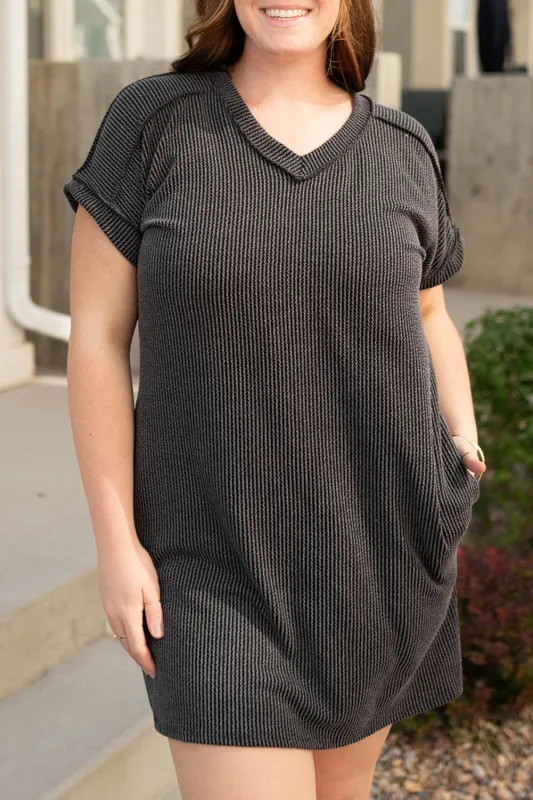 Carbon Grey Ribbed V Neck Plus Size T Shirt Dress with Pockets made by eAura