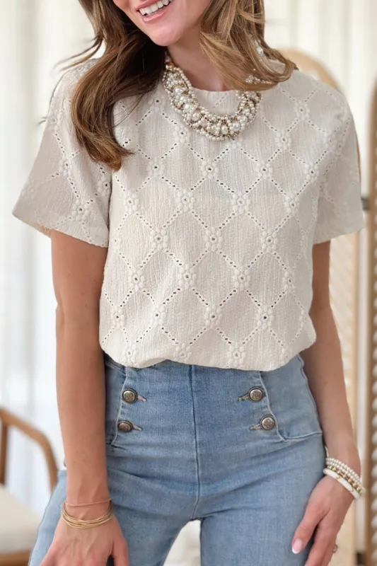 White Geometric Embroidered Slim Fit O Neck T Shirt sold by eAura