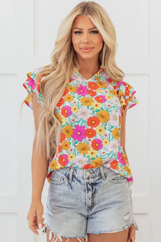 Yellow Floral Print Shirred Tiered Ruffled Sleeve Blouse sold by eAura