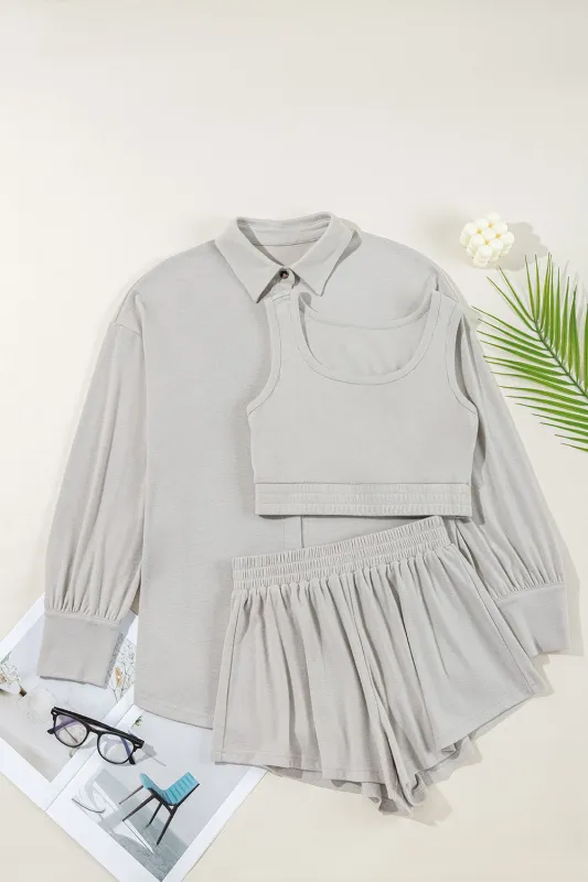 Grey 3 Pcs Crop Tank Top Shorts with Cardigan Lounge Set sold by eAura