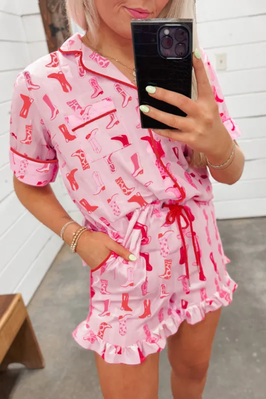 Pink Western Cowgirl Boots Printed Shirt Ruffled Shorts Pyjama Set sold by eAura