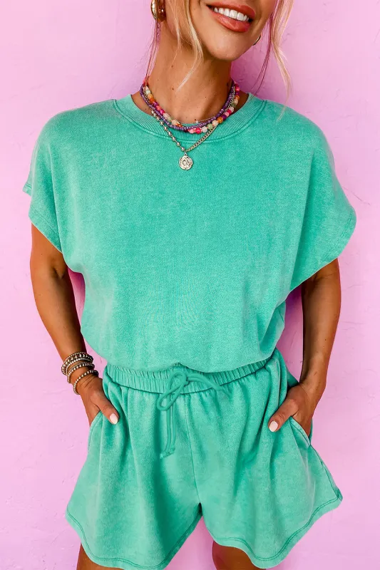 Sea Green Mineral Wash Drawstring Waist Hollow Out Back Short Sleeve Romper sold by eAura