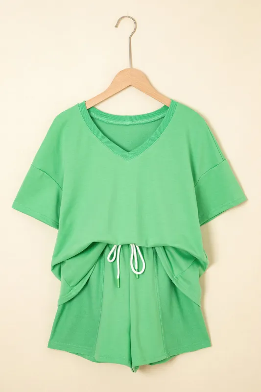 Mint Green V Neck Drop Shoulder Tee and Patchwork Drawstring Shorts Set sold by eAura