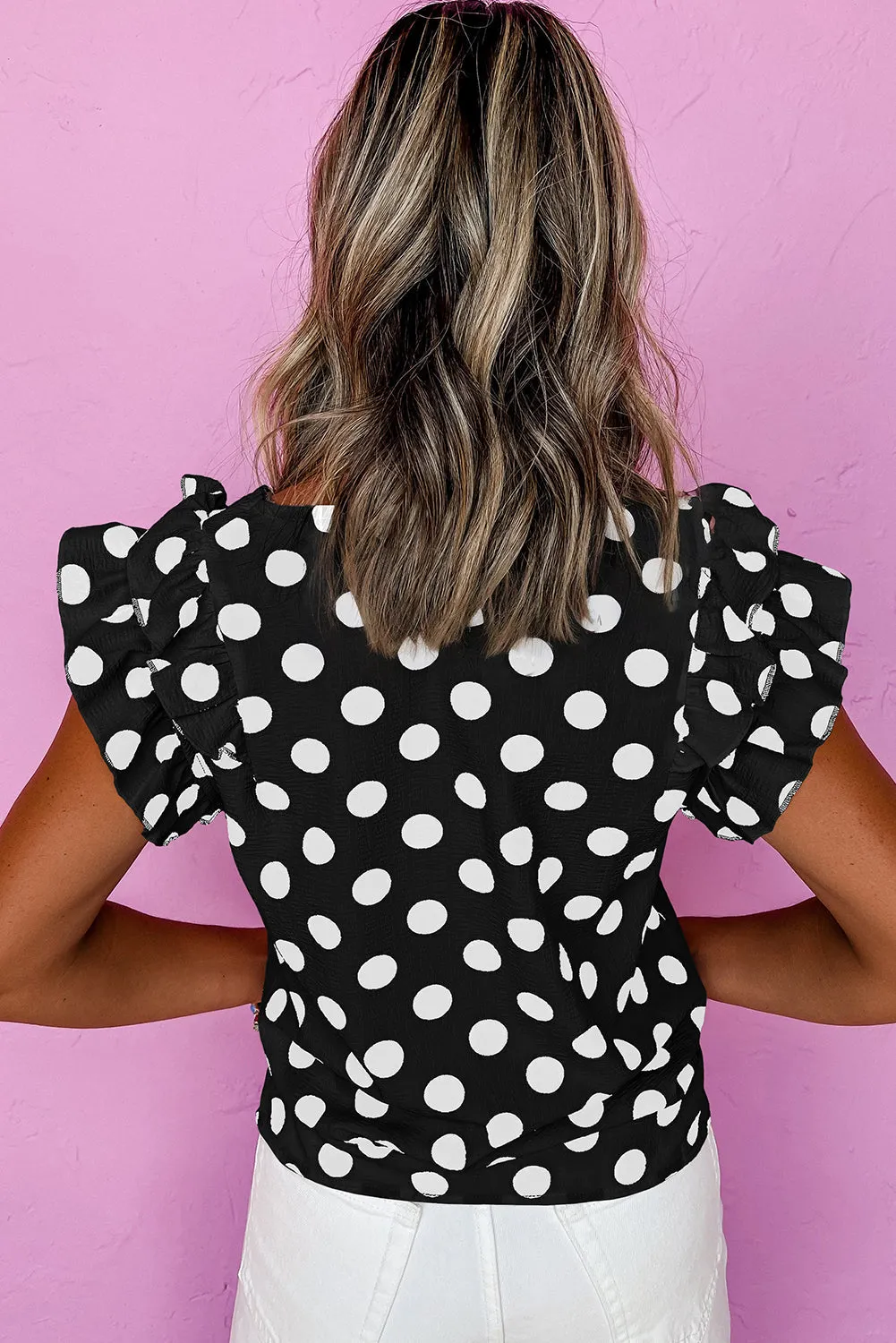Black Polka Dot Print Ruffled Sleeve V Neck Blouse sold by eAura product image thumbnail 2