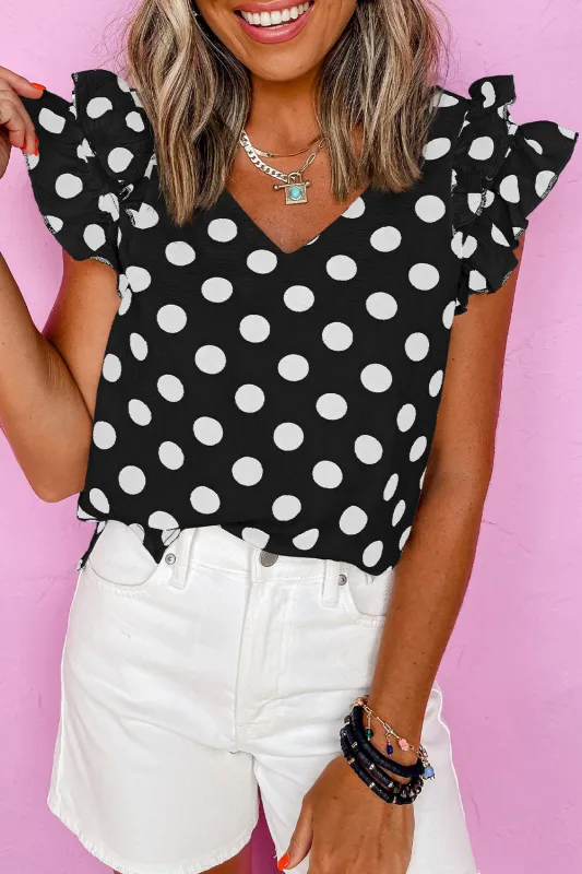 Black Polka Dot Print Ruffled Sleeve V Neck Blouse sold by eAura