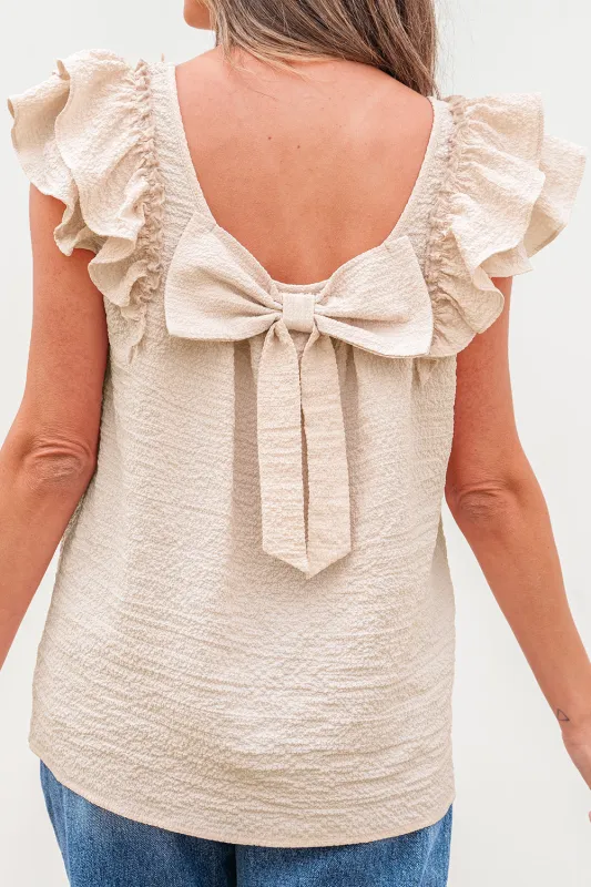 Beige Textured Bow Knot Frilled Butterfly Sleeve Blouse sold by eAura