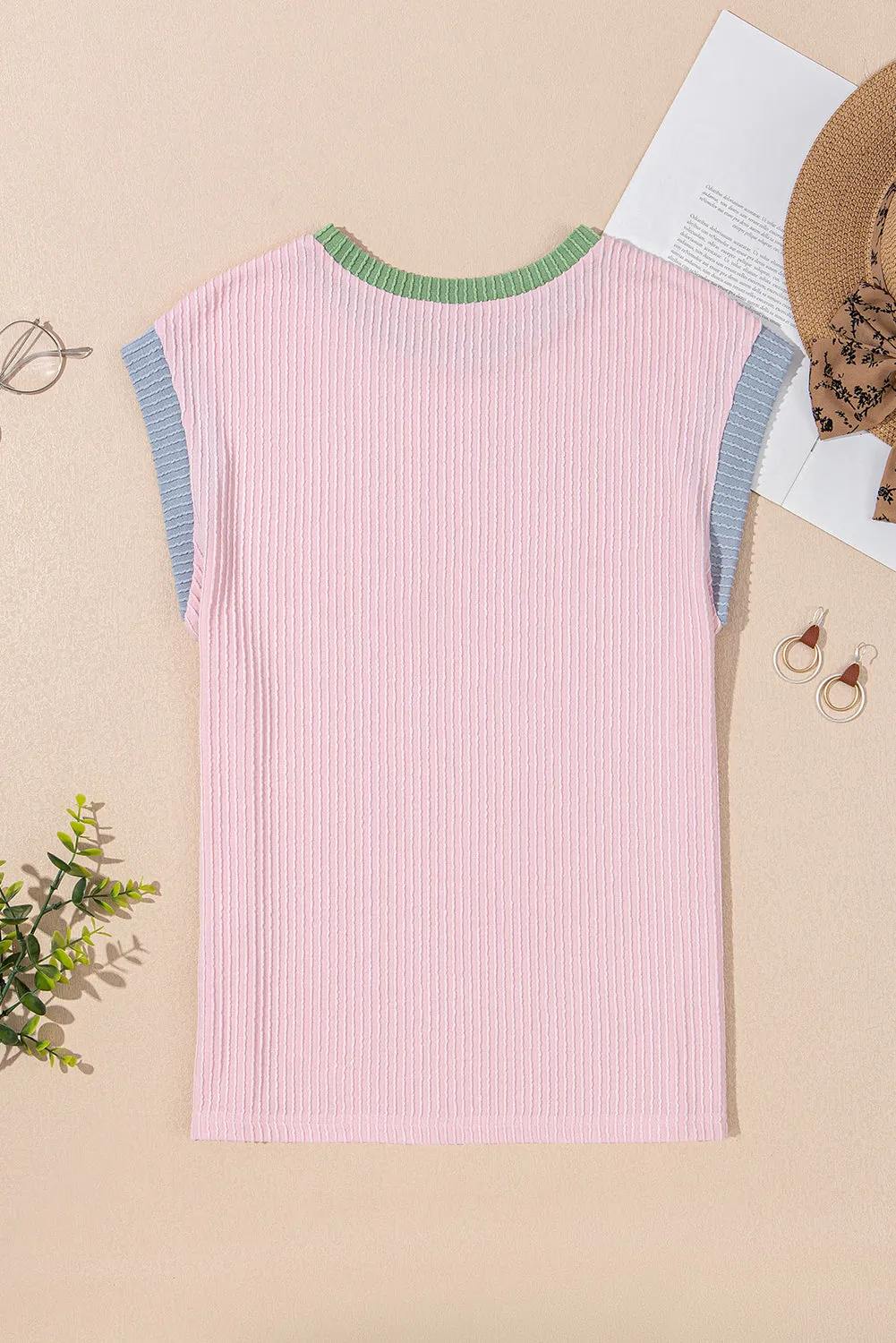 Pink Colour Block Ribbed Knit Crew Neck Tee sold by eAura product image thumbnail 5