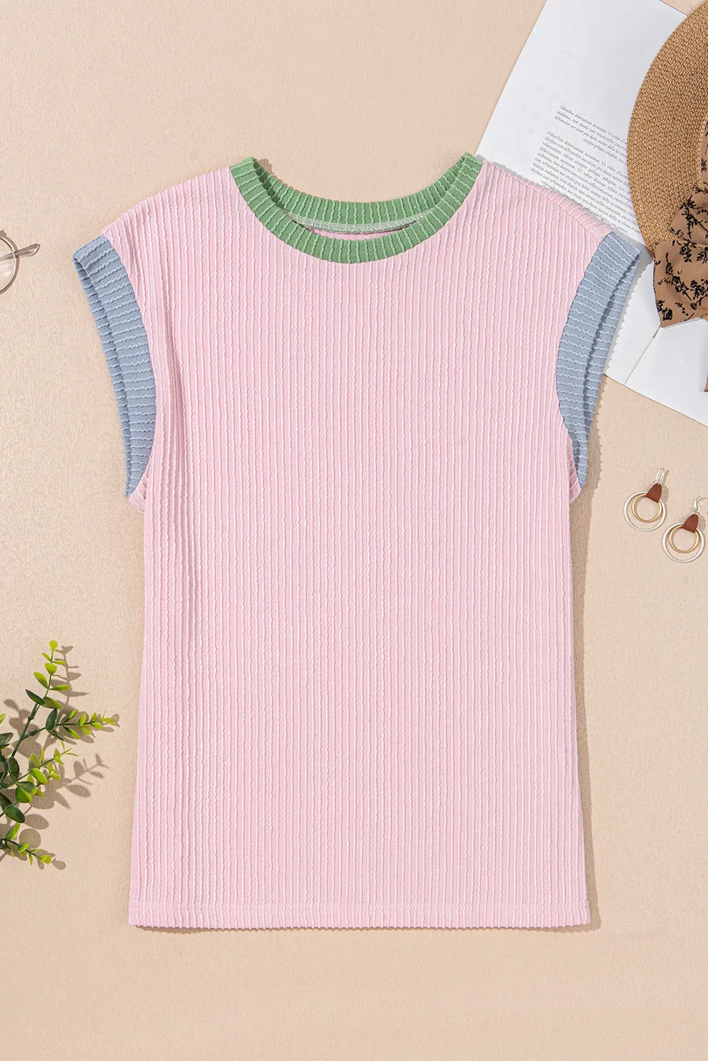 Pink Colour Block Ribbed Knit Crew Neck Tee sold by eAura product image thumbnail 4