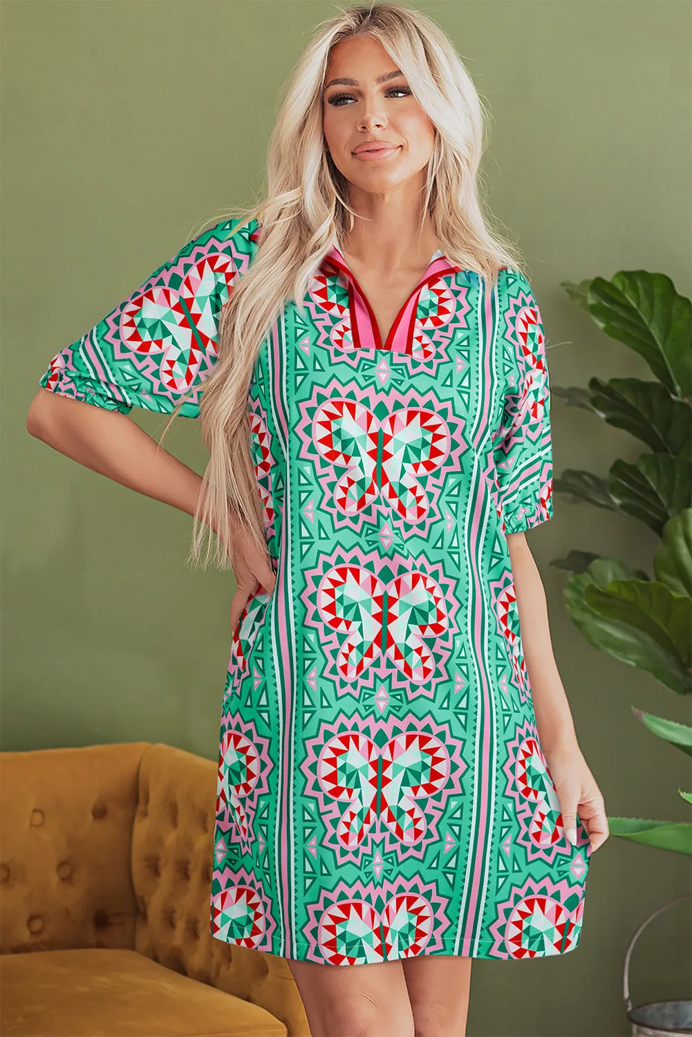 Mint Green Geometric Butterfly Print Split Neck Short Sleeve Dress sold by eAura