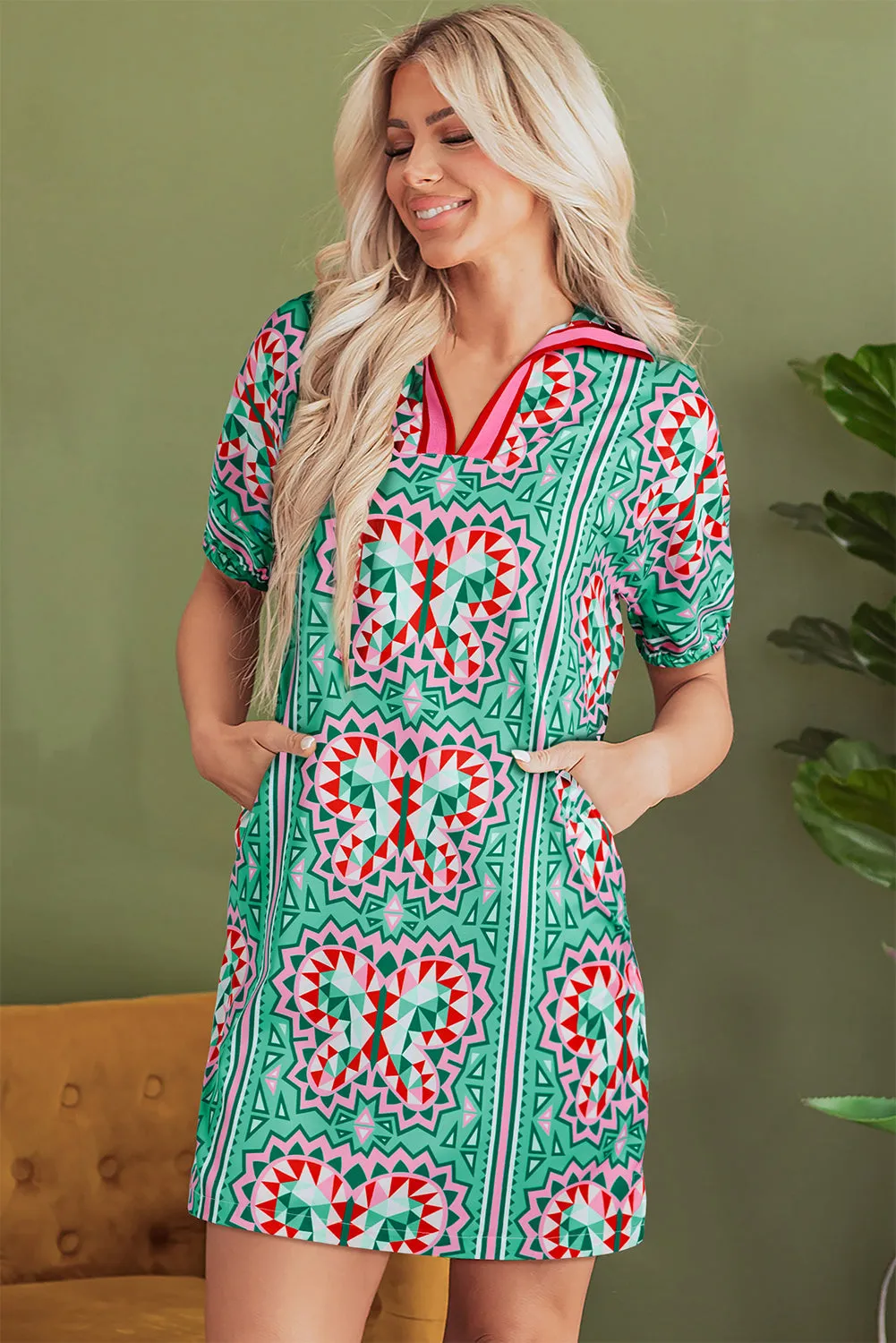Mint Green Geometric Butterfly Print Split Neck Short Sleeve Dress sold by eAura product image thumbnail 3