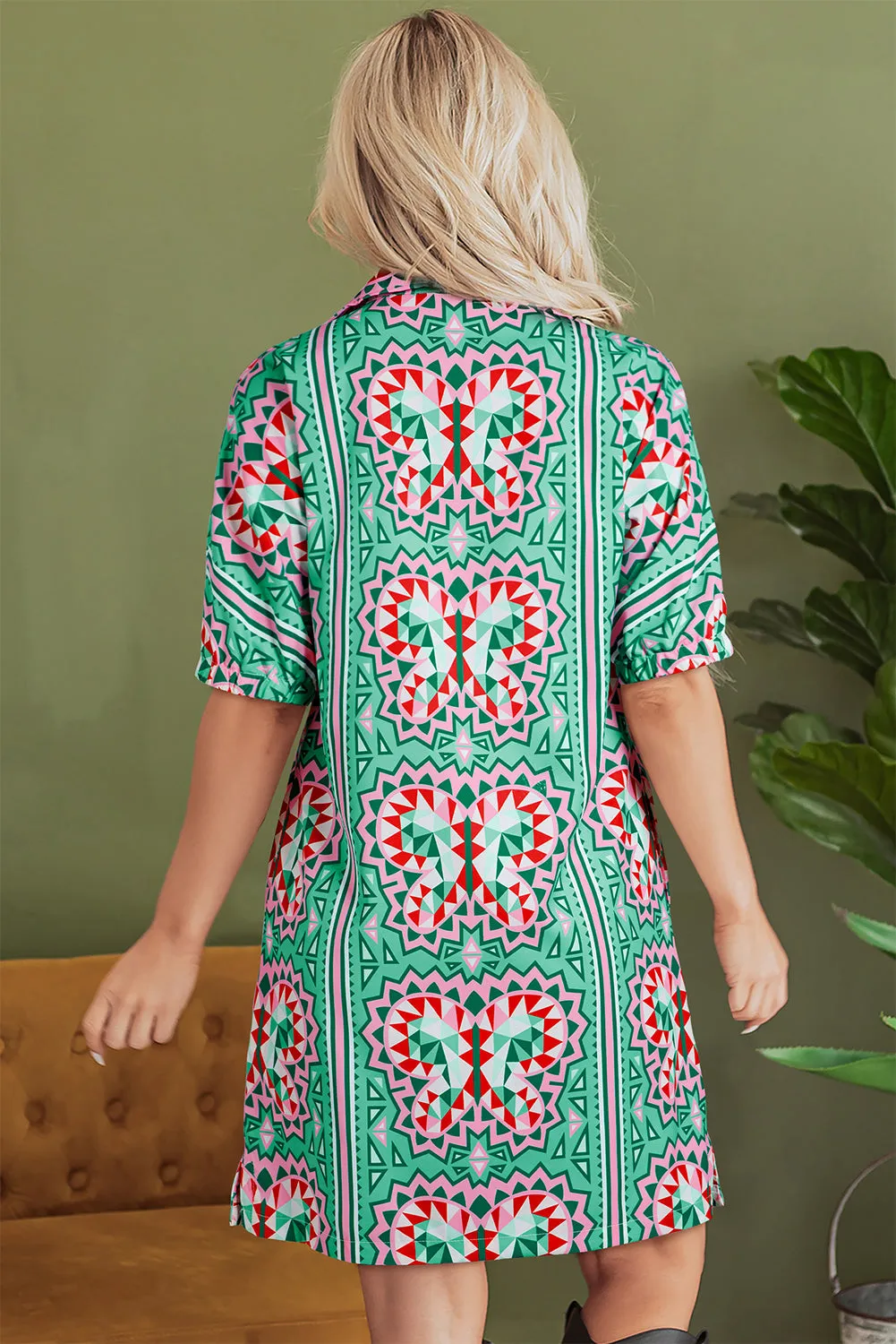 Mint Green Geometric Butterfly Print Split Neck Short Sleeve Dress sold by eAura product image thumbnail 2