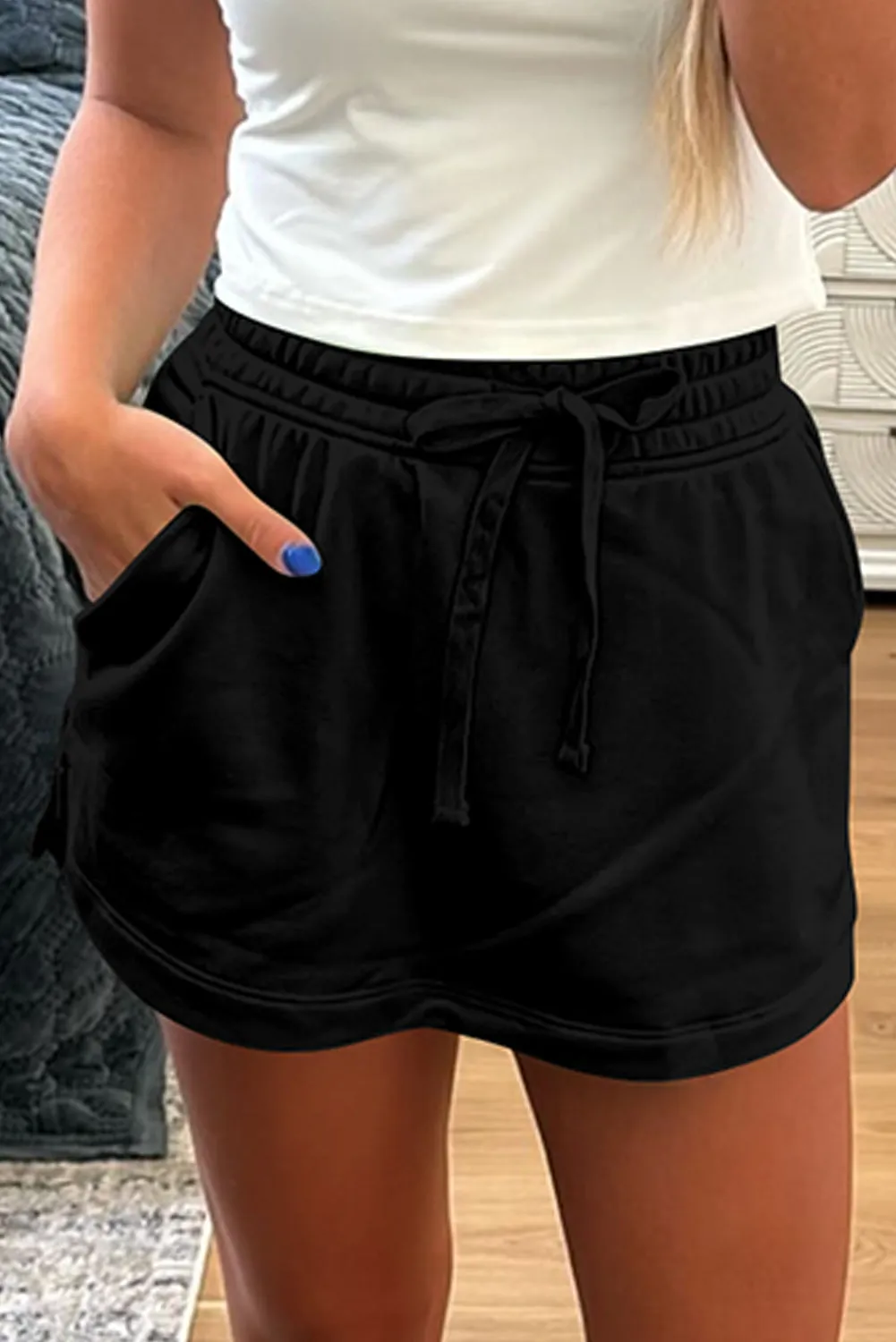 Black French Terry Drawstring Mini Skort with Pockets sold by eAura