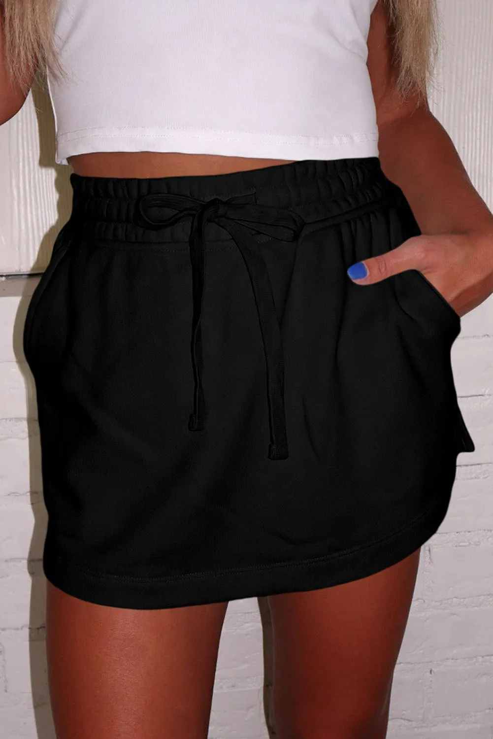 Black French Terry Drawstring Mini Skort with Pockets sold by eAura product image thumbnail 3