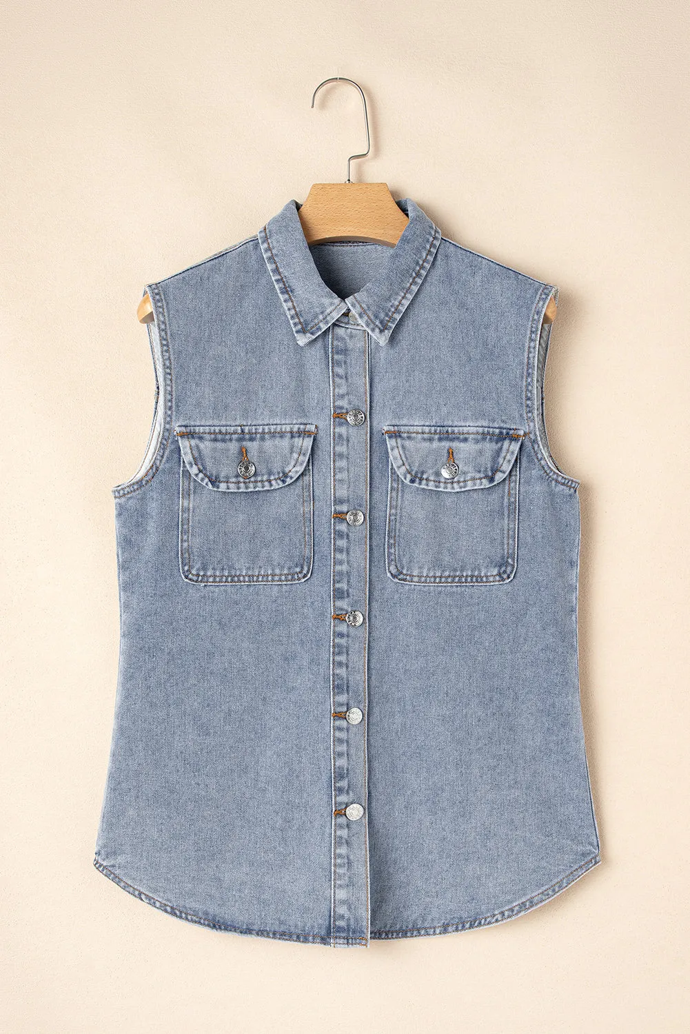 Beau Blue Denim Flap Pocket Curved Hem Shirt Vest sold by eAura product image thumbnail 4