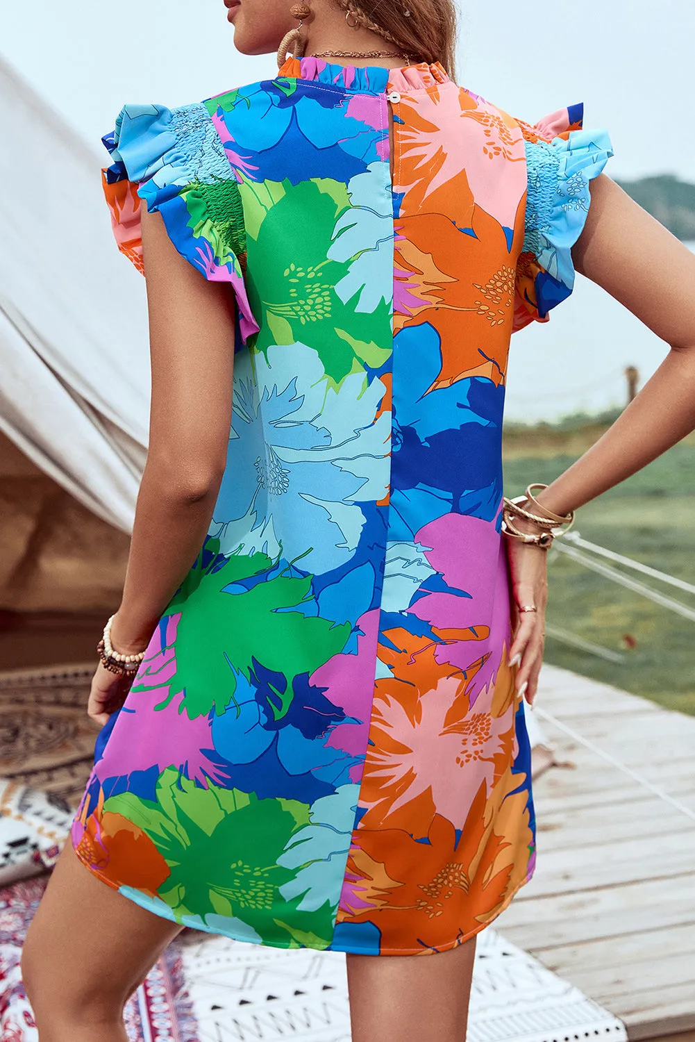 Blue Bold Floral Flutter Sleeve Shift Mini Dress with Pockets sold by eAura product image thumbnail 2